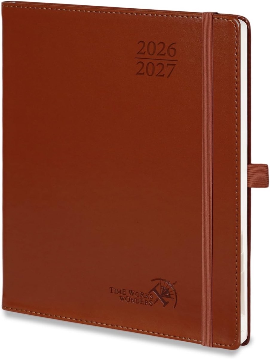 SnelShoppen - POPRUN Agenda 2026-2027 A5+ - Weekplanner met 30 Minuten Klokfunctie, Maandregister, PU-Lederen Softcover, Bruin - Ideaal voor School, W