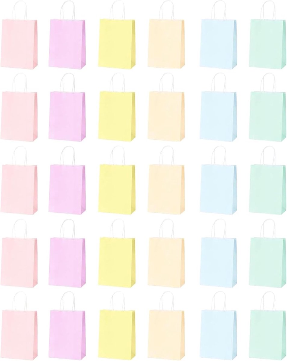 SnelShoppen - 30 stuks kleurrijke papieren zakken met handvat, kraftpapier cadeauzakjes 12 x 5 x 16 cm voor verjaardagen, feest, kerst, paas, Hallowee