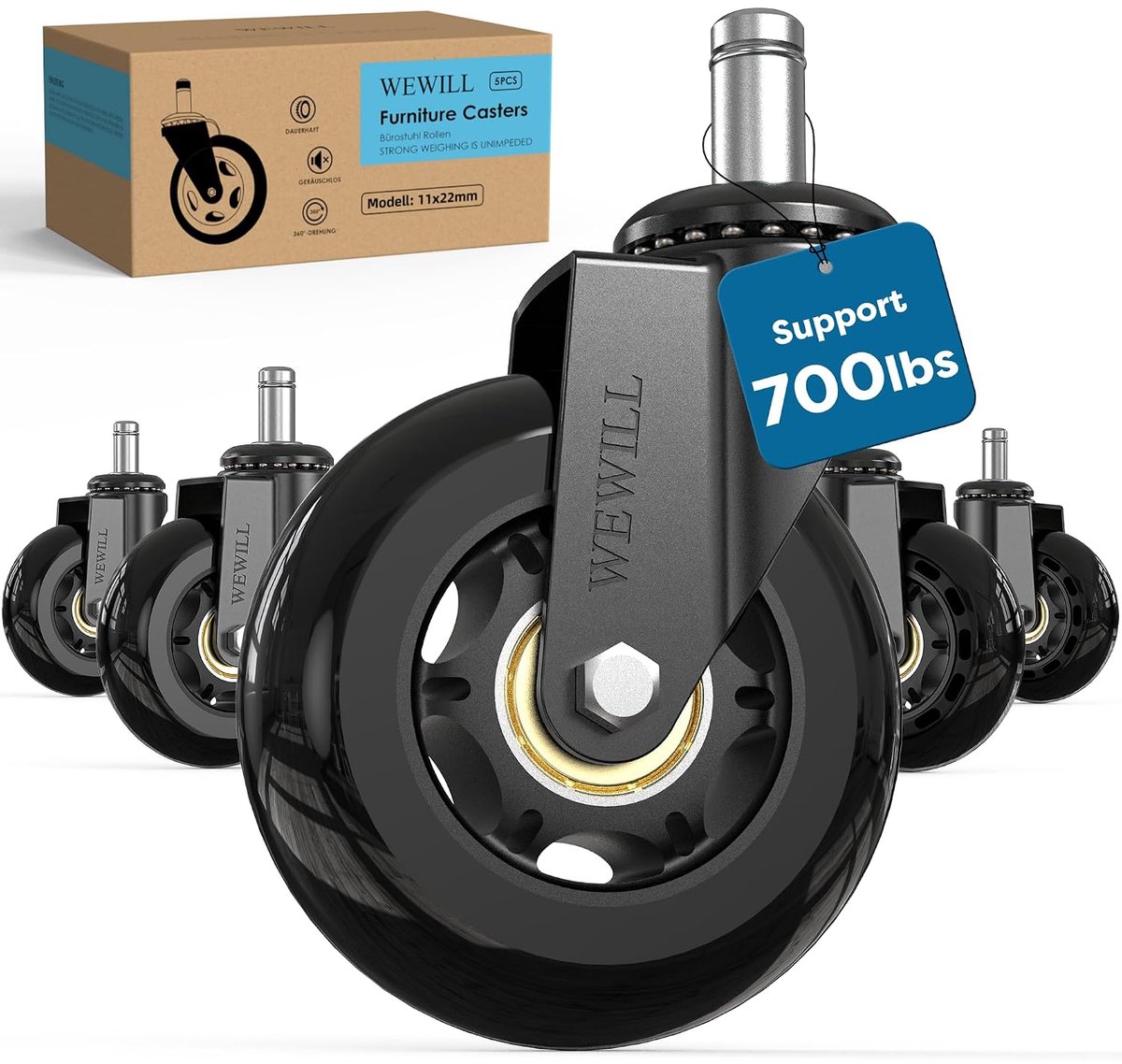 SnelShoppen - Office Chair Wheels Set van 5 - 11 x 22 mm Vervangwielen voor Bureau- en Gamingstoelen - Geluidsarm, Geschikt voor Tapijt en Parketvloer