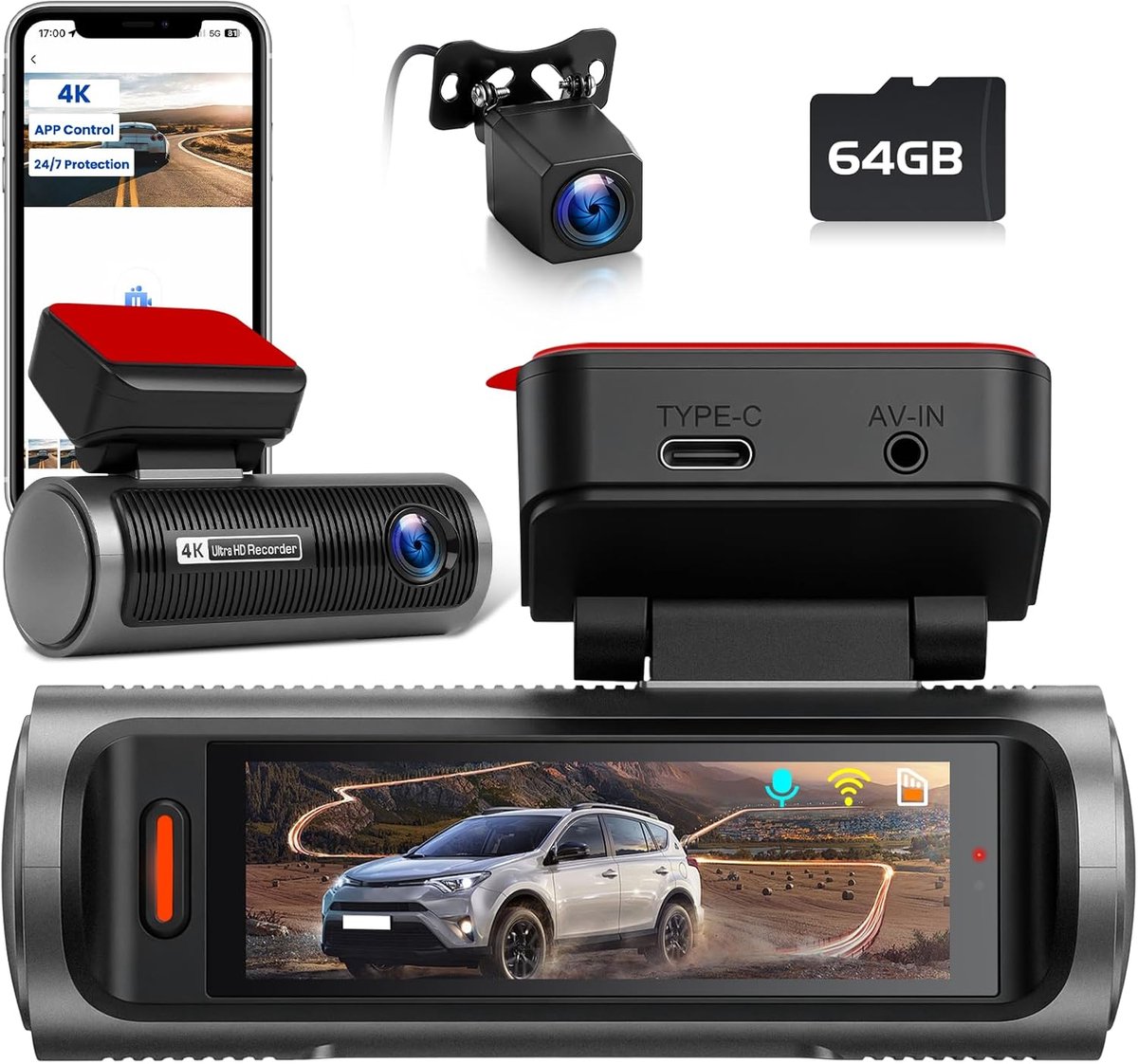 SnelShoppen - 2 Kanalen Wifi Dashcam 4K Voor en Achter met 3,19 Inch Display, G-sensor, Loopopname, Nachtzicht, 24 Uur Parkeerbewaking en 64GB Kaart