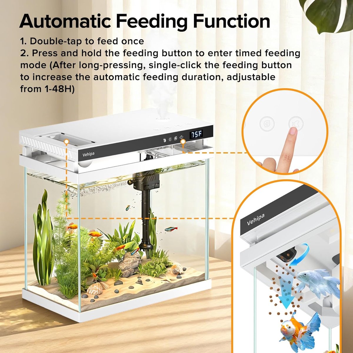 SnelShoppen - 8L Aquarium Set Wit - Complete Starterset met 7-Kleuren LED, Automatische Voerdispenser, Slimme Luchtbevochtiger, Temperatuurweergave en thumbnail 3