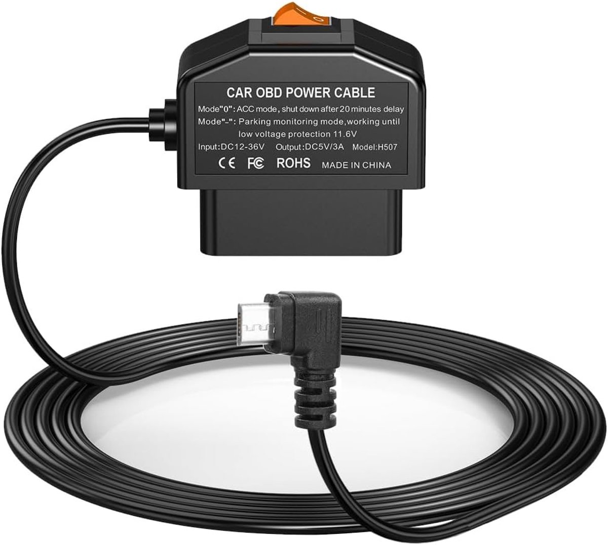 SnelShoppen - Dash Cam OBD Hardwire Kit voor 12-24V naar 5V/3A met Laag Voltage Bescherming, 24-Uur Parkeer Monitoring, ACC Modus voor Dashcam en GPS