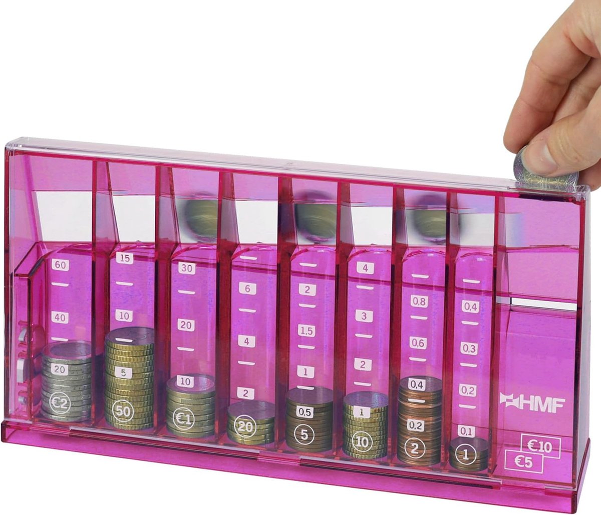 SnelShoppen - Coin Counter Automatisch Sorteren - Transparante Munten Sorteerder met Waardeschaal - Spaarbox voor Kinderen - 24x12x5 cm - Roze