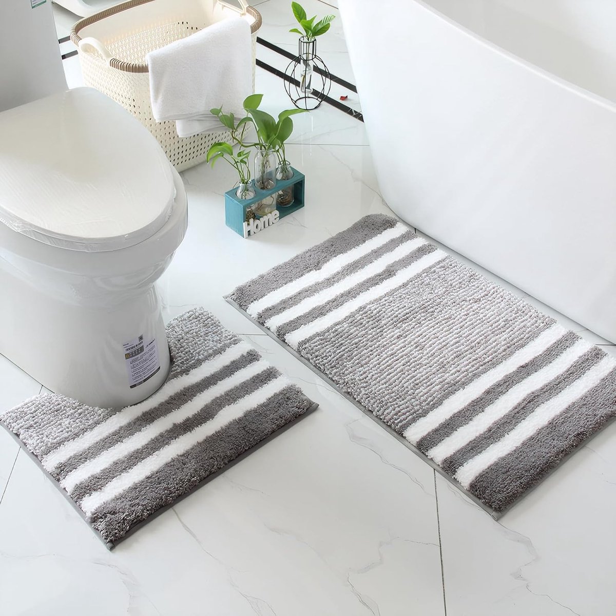 SnelShoppen - 2 delige Badmat Set, Ultra Dikke Badmat, Absorberend Antislip Wasbare Donkergrijs Badkamer Tapijt