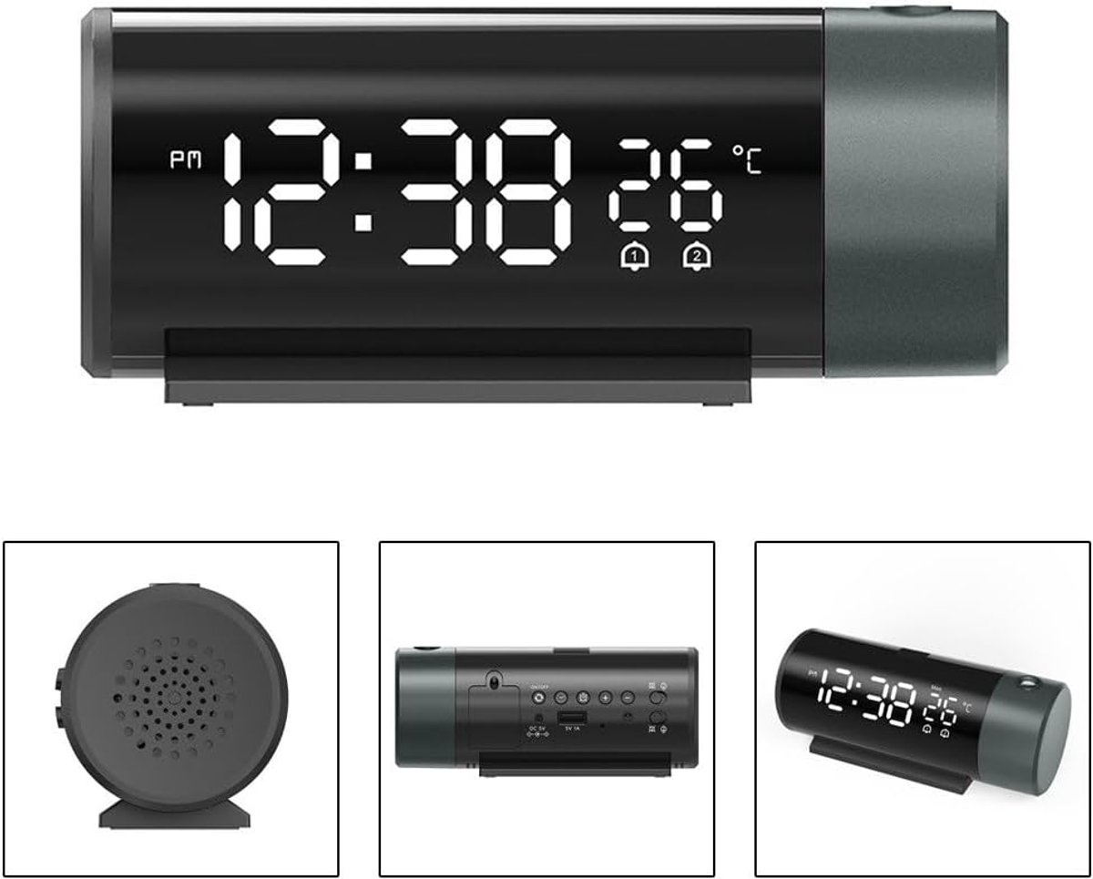 KZQ Projectiewekker met USB - 180° draaibare projectie, temperatuur, 4 helderheidsniveaus, snooze & dubbel alarm - Voor muur/plafond, slaapkamer, kantoor - Zwart