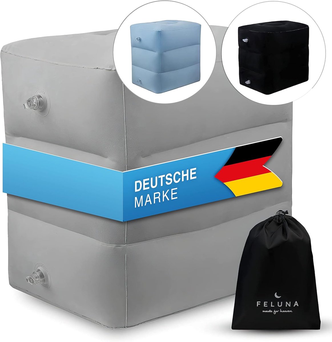 SnelShoppen - Opblaasbare Voetsteun voor Vliegtuig, Trein & Auto | 3 Hoogtes Verstelbaar tot 45x30x42 cm - Zacht Velours Materiaal - Compact Opbergzak