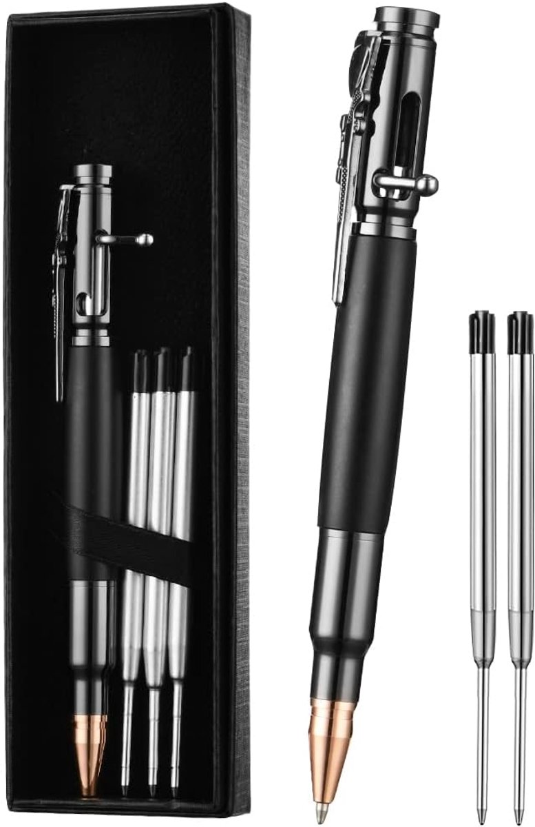 SnelShoppen - AUAUY Bolt Action Pen - Retractable Ballpoint Pen met 5 Interchangeable Refills - 1mm Schrijfpen - Zwart - Luxe Aluminium Pen voor Vader