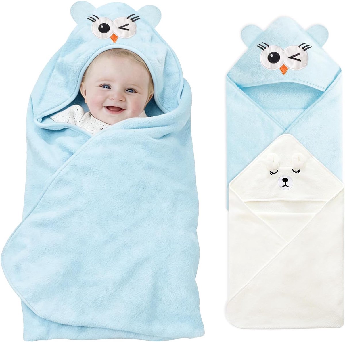 SnelShoppen - Babyhanddoek met capuchon, 2 stuks, zachte en super absorberende babybadhanddoek (80 x 80 cm) in witte beer en blauwe uil voor jongens e