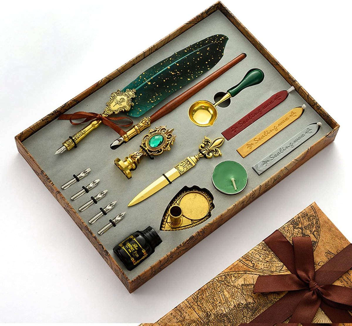 SnelShoppen - Antique Feather Pen Set met Inkt, Nibs, Wax Seal, Houten Dips, Decoratie Pen, 18-delig voor Bruiloften en Creatieve Projecten