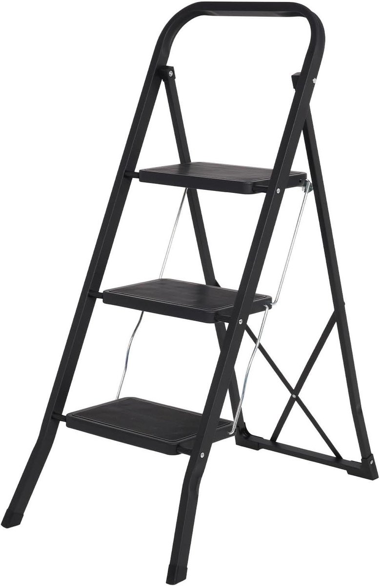 Huishoudtrap 3 Treden - Keukentrap Inklapbaar - Veilig Omhoog - Anti-slip Treden - 70 cm Hoog - Zwart