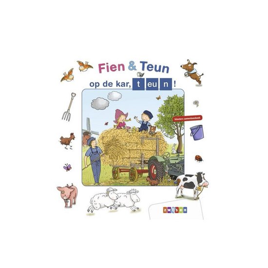 Boekomslag 'Fien & Teun op de kar, teun!' met boerderijdieren, kinderen op een hooikar en tractor.