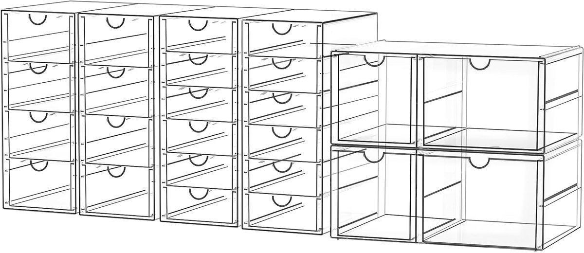 SnelShoppen - Desk Organizer met 24 Laden - Set van 6 Make-up Organizers - Stapelbare Lade voor Cosmetica, Kantoorbenodigdheden, Gereedschap en Bouwbl