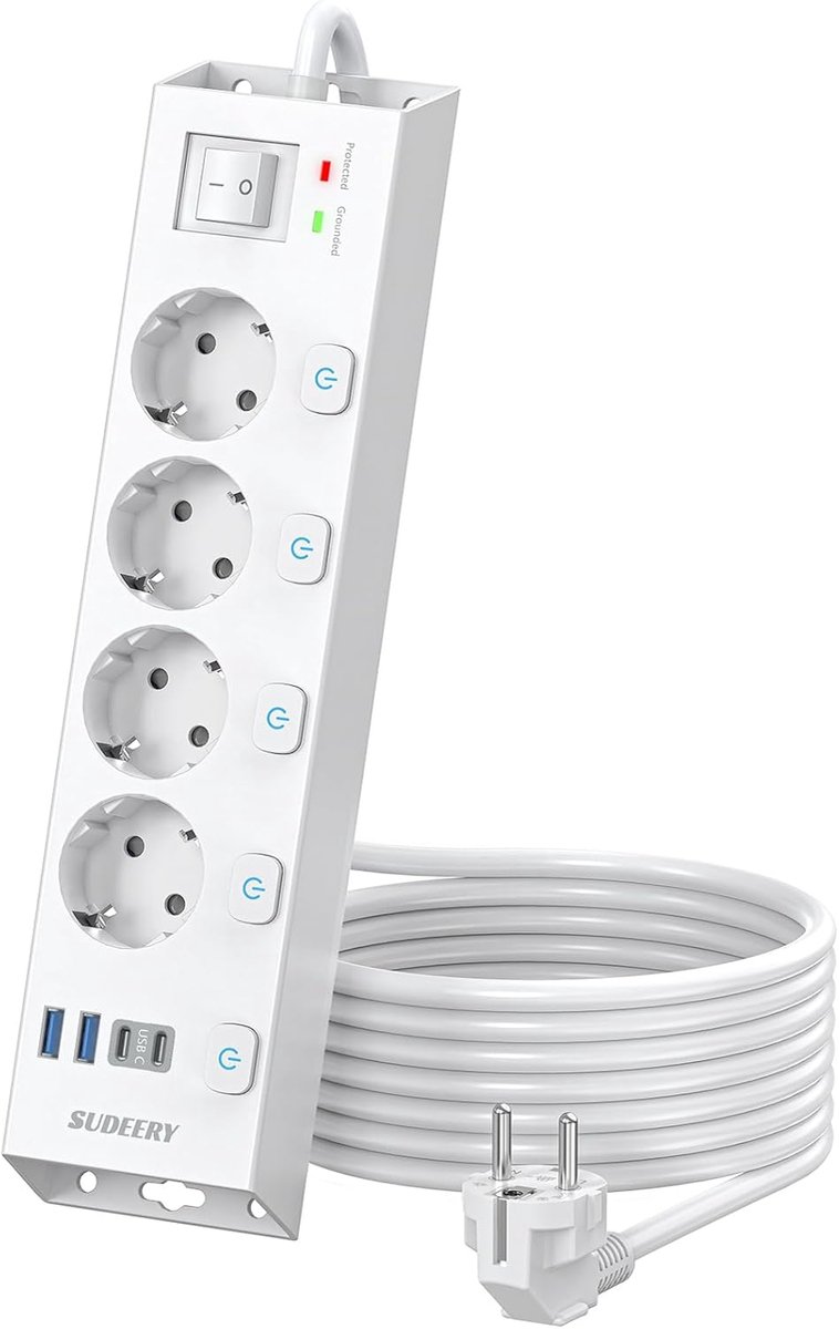 4-weg stekkerdoos - Stopcontact met USB - Meerdere apparaten laden - Individueel schakelbaar - 2 meter kabel - Wit