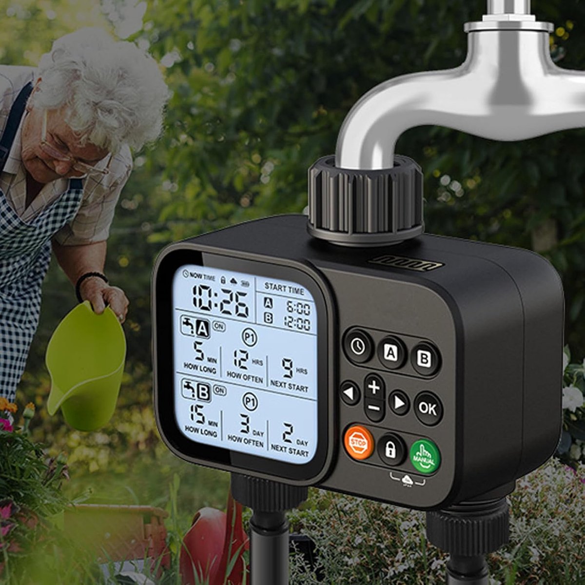 SnelShoppen - IP54 Irrigatiecomputer met 2 Uitgangen, Waterdichte Watertimer met Groot LCD-display, Regenvertraging, Automatische en Handmatige Irriga