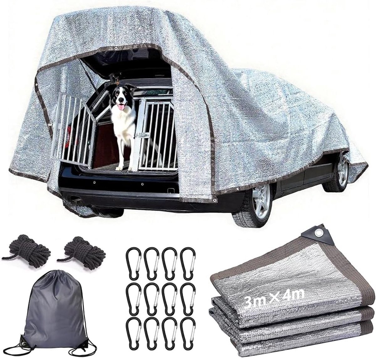 SnelShoppen - Car Shade Net 3x4 m - UV Bescherming, Reflectief Zeil, Aluminium Schaduwnet met Oogjes, 80% Zonwering voor Auto, Camping, Tuin, Dieren