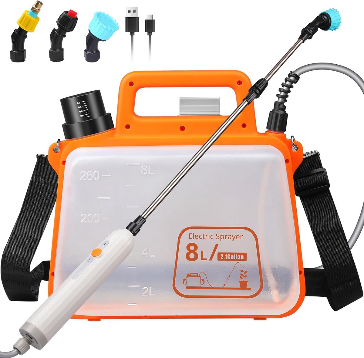 SnelShoppen - 8 Liter Accusproeier - Elektrische Onkruidsproeier met USB-Oplaadbare Handgreep, Telescopische Sproeibuis, 3 Sproeiers - Lekvrij voor Tu