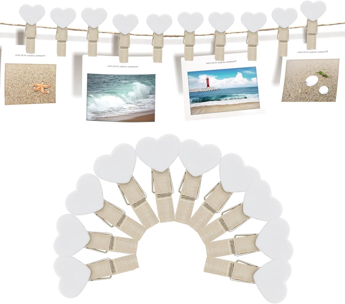SnelShoppen - 20 Stuks Mini Houten Clips Hartvorm met 2m Jute Touw, Foto Clips voor DIY Decoratie, Witte Hart Clips voor Feesten en Creatieve Projecte