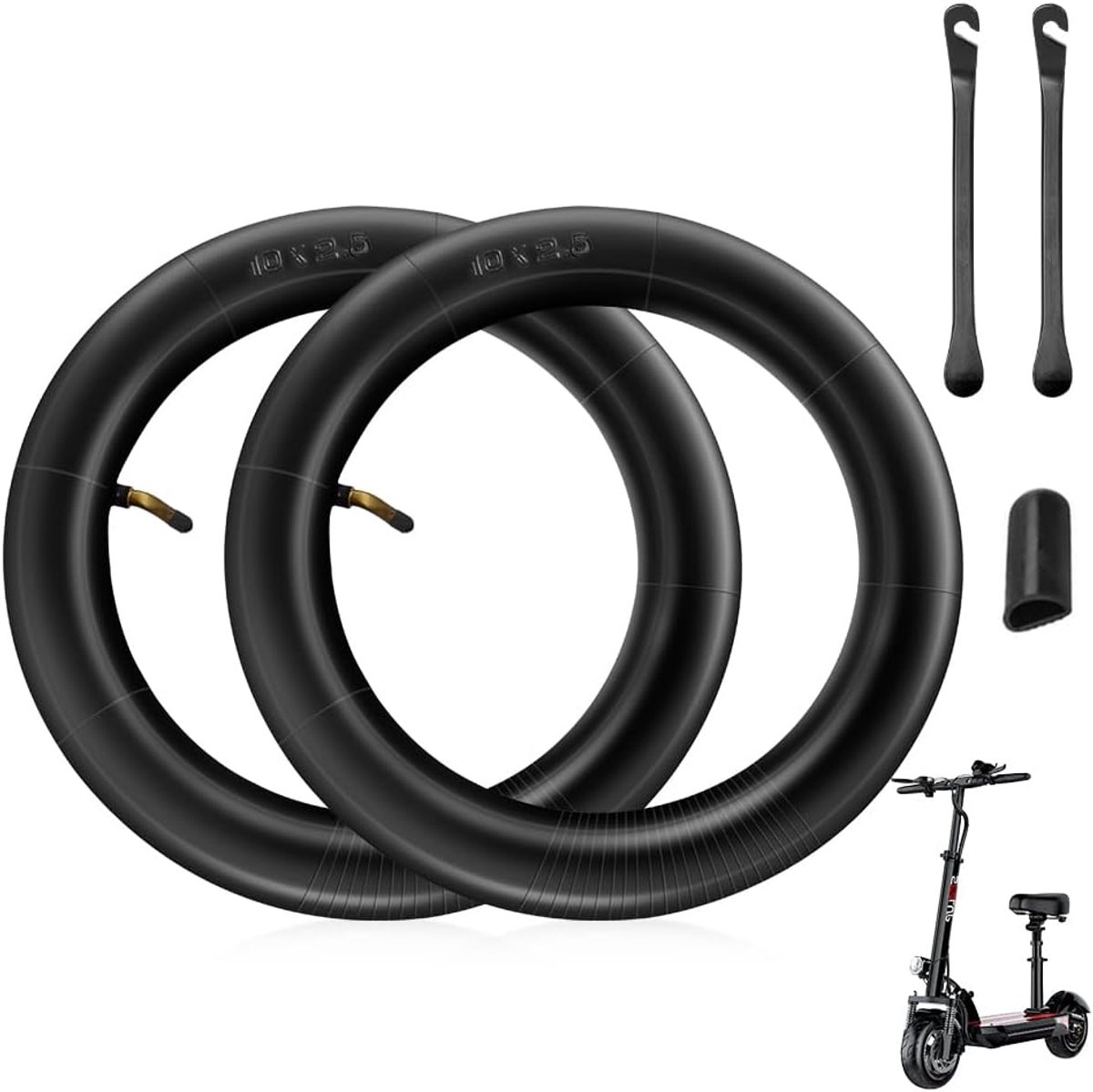 SnelShoppen - 2 Stuks Scooter Binnenband 10 x 2.5 Inch, Dikke Rubberband met Bochtventiel, Slijtvast en Duurzaam, Inclusief 2 Bandenstokken en 1 Kicks