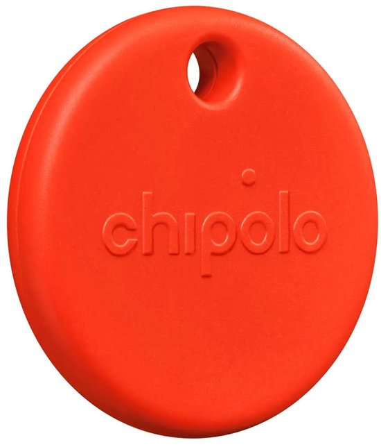 Een ronde, felrode Chipolo POP tracker met een gat om aan een sleutelbos te hangen.