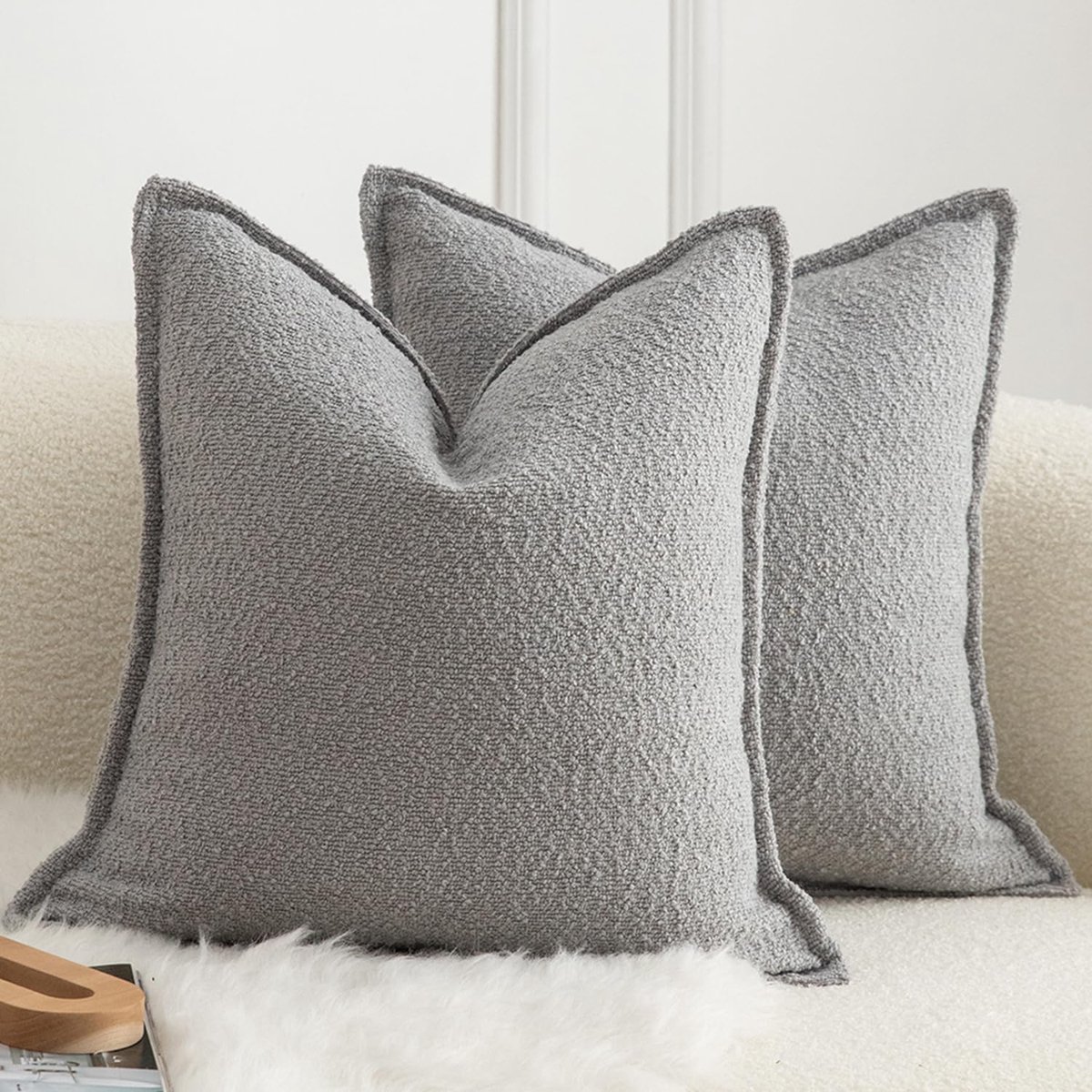 SnelShoppen - Set van 2 Decoratieve Kussenhoezen 50x50cm Lichtgrijs - Woven Textuur, Bouclé, Accent Kussens voor Woonkamer, Slaapkamer, Bank