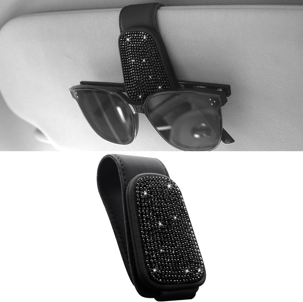 SnelShoppen - Bling Car Zonnebril Houder Visor Magnetisch Lederen Zonnebril Klem Rhinestone Bril Beugel Voor Vrouwen Meisjes (Zwart)