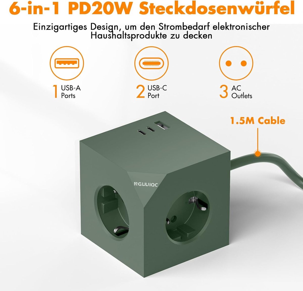 SnelShoppen - PD20W 6-in-1 USB-C Stekkerdoos met 2 USB-C Poorten, 1,5 Meter Kabel, Magnetische Pad, Groene Kleur, Voor Thuis en Kantoor