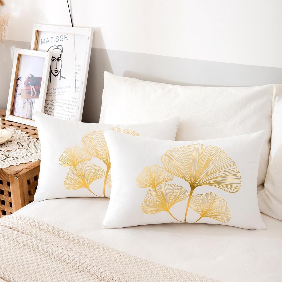 SnelShoppen - Set van 2 Kussenslopen 30x50 cm Ginkgo Biloba Fluweel Wit Zachte Decoratieve Kussenhoezen Modern Sierkussen voor Bank en Woonkamer
