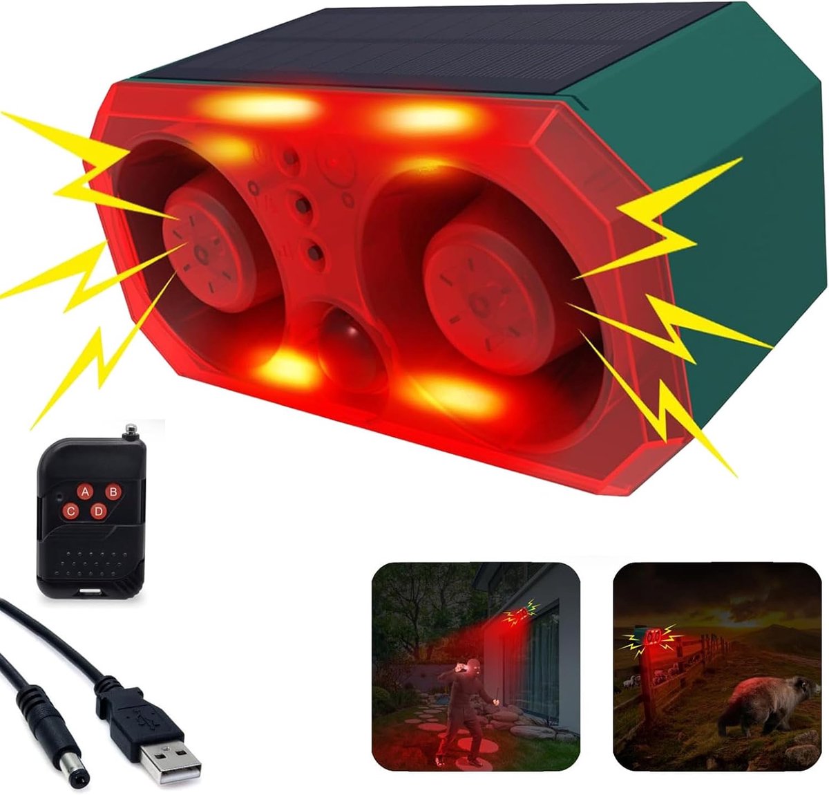 SnelShoppen - Zonne Outdoor Bewegingssensor Alarm met 130dB Geluid, 13 Geluidsmodi, Afstandsbediening en Flitsfunctie voor Tuin, Camping en Beveiligin