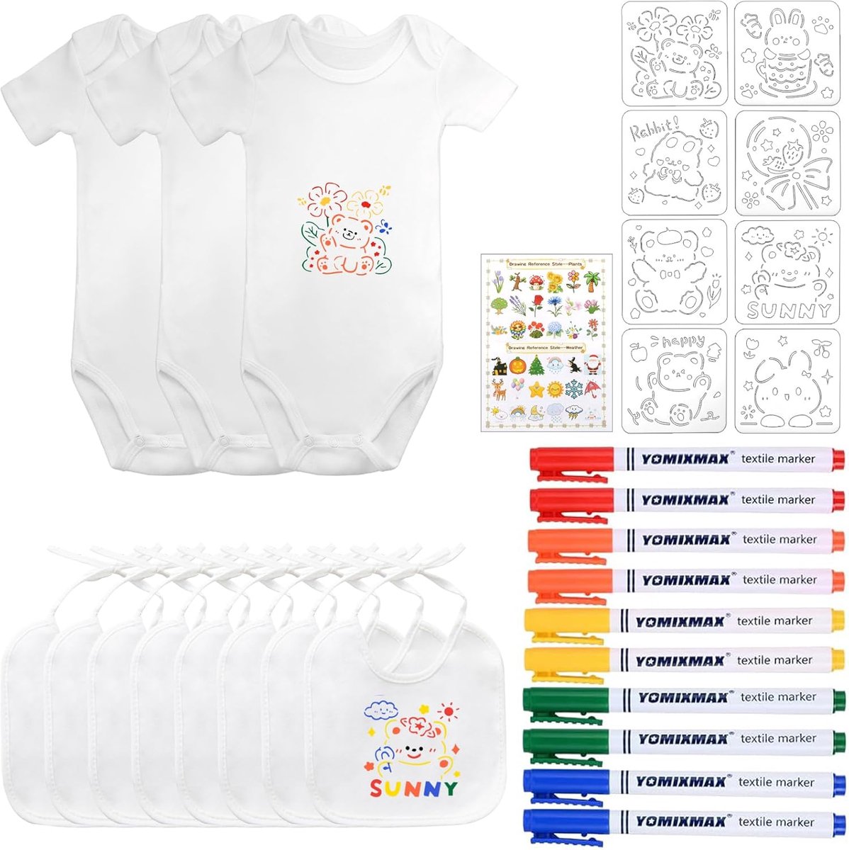 SnelShoppen - 8 stuks Witte Slabbetjes te Schilderen DIY Baby Slabbetje Set Katoen Sjaal 40 x 21 cm met 10 Textiel Stiften en 8 Schilderij Stencils vo