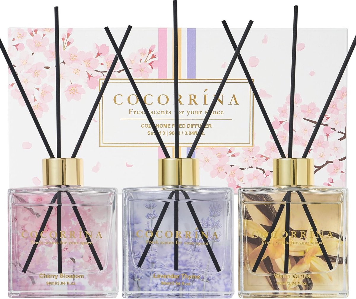 SnelShoppen - Room Fragrance Riet Diffuser - 3 x 90 ml Geurstokjes Kersenbloesem, Warme Vanille, Lavendel Tijm - Natuurlijke Kamerspray voor Badkamer,