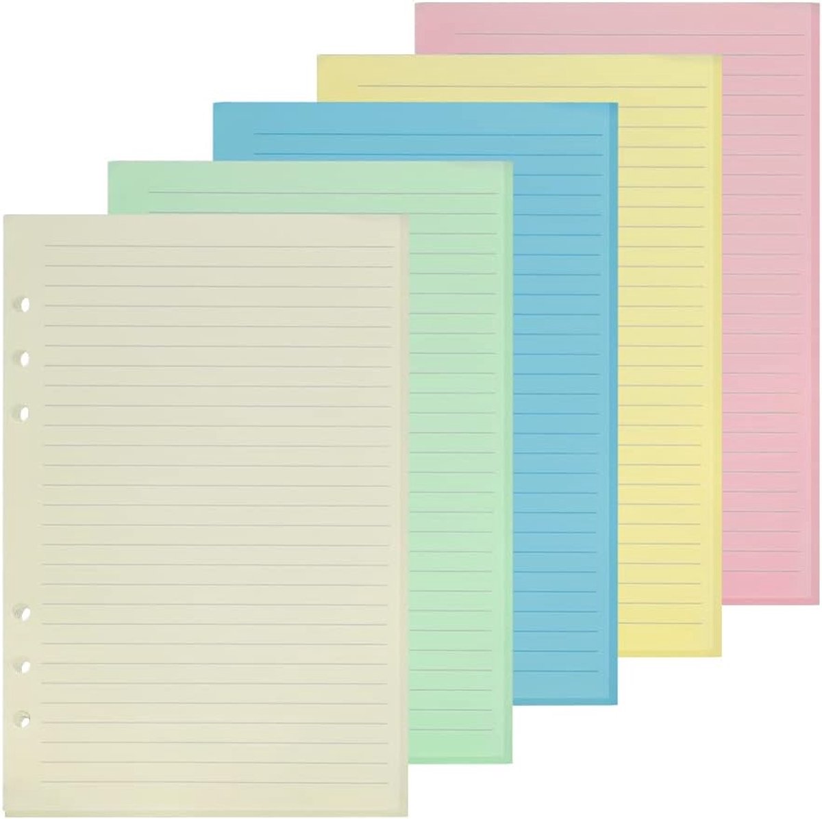 SnelShoppen - 100 A5 Gelinieerde Vellen Papier, Gekleurd, Geperforeerd met 6 Gaten, 21 x 14,2 cm, Wit, Groen, Blauw, Roze, Perfect voor Studenten, Ler