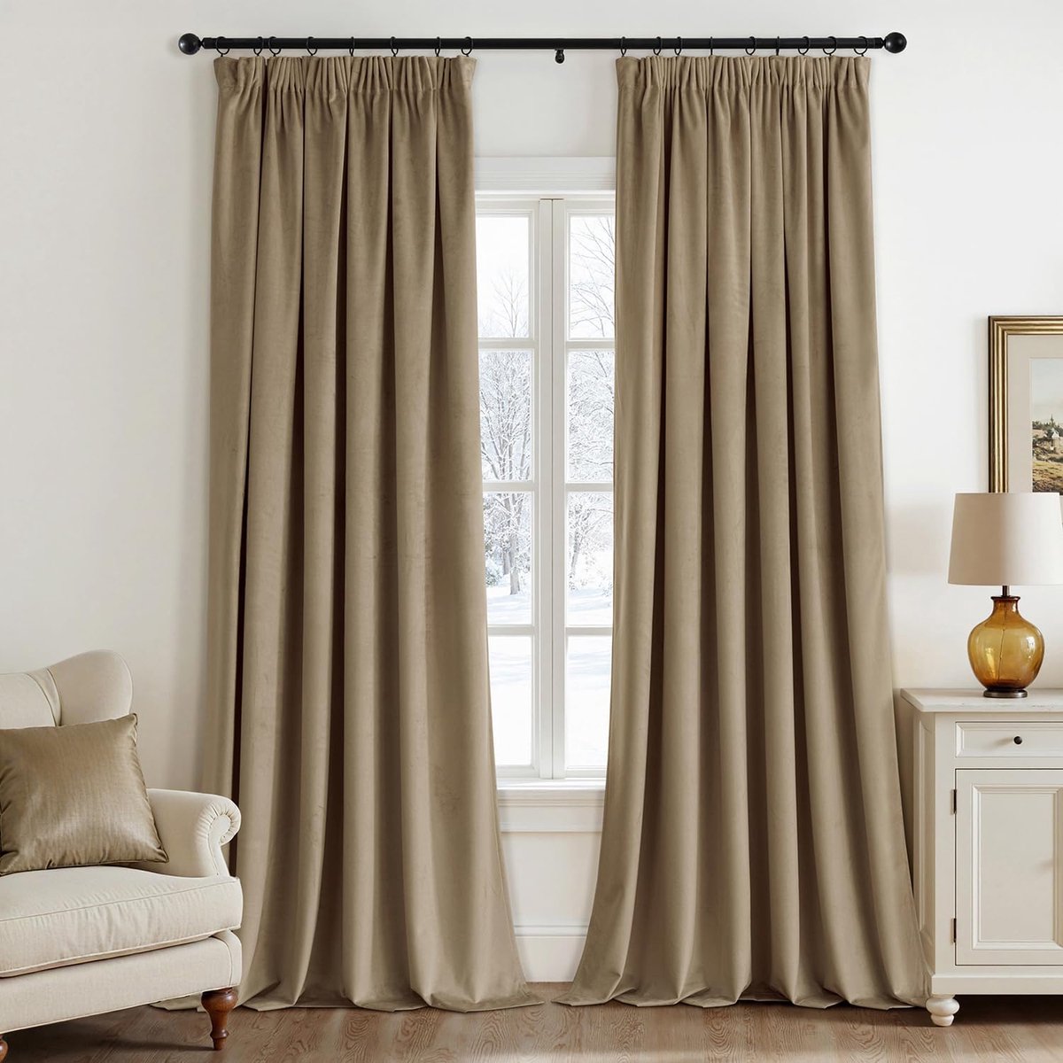SnelShoppen - EMEMA Gordijnen met Trekkoord, Semi-Ondoorzichtig Fluweel, 2 Stuks 140 x 245 cm, Donkerbeige Thermisch Gordijn voor Woonkamer en Slaapka