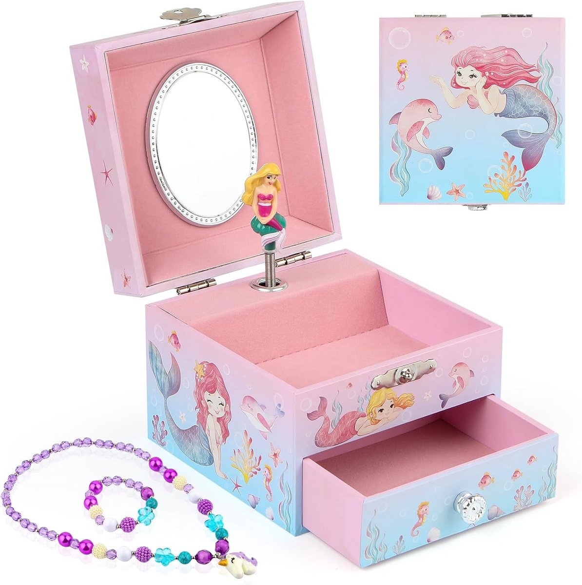 SnelShoppen - Muzikaal Sieradendoosje voor Meisjes - Zeemeermin Kindermuziekdoos met Draaiende Zeemeermin en Spiegel - Perfecte Prinsesgeschenken voor