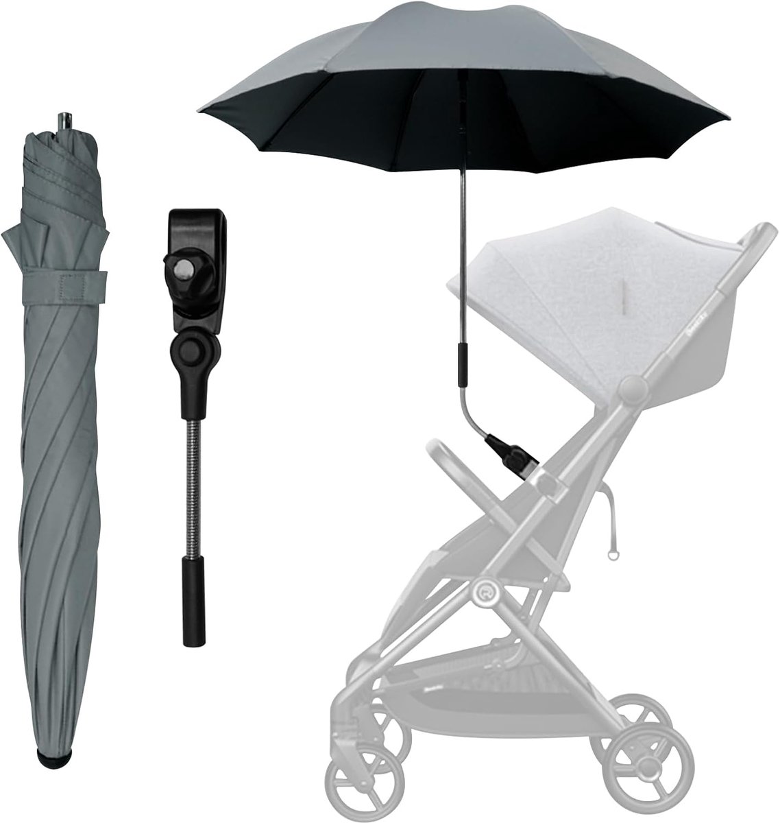 SnelShoppen - Parasol Voor Kinderwagen in Grijs - UV 50+ Bescherming - Ideaal Voor Buiten, Zomer, Strand, Wandelen, Reizen - Verstelbare Kinderwagenac