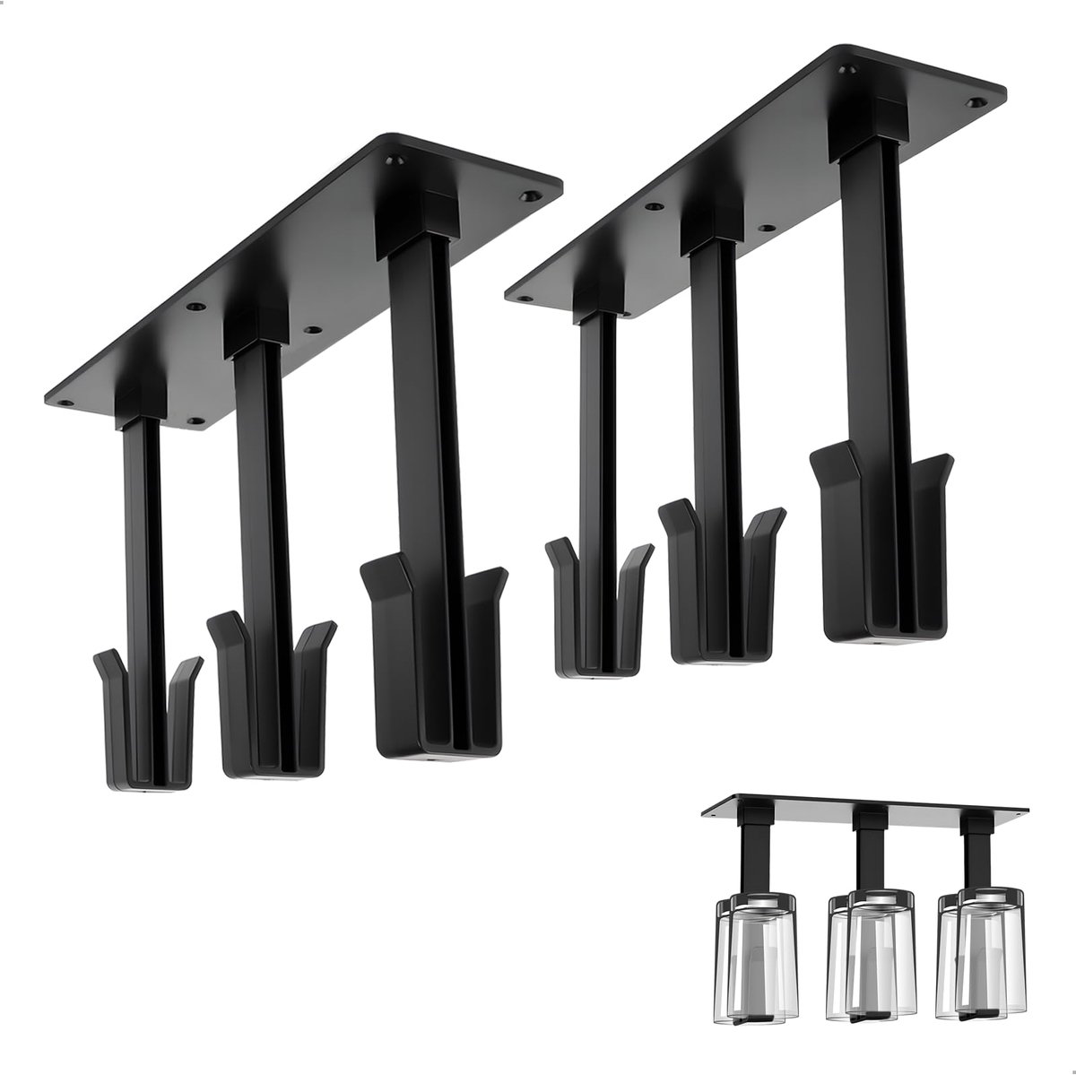 Bekerhouder, kopjesophanging, 2 stuks bekerhouders, kast met 6 haken, afneembaar bekerrek aan de muur zonder boren, voor keuken, woonkamer, bar en kantoor (zwart)