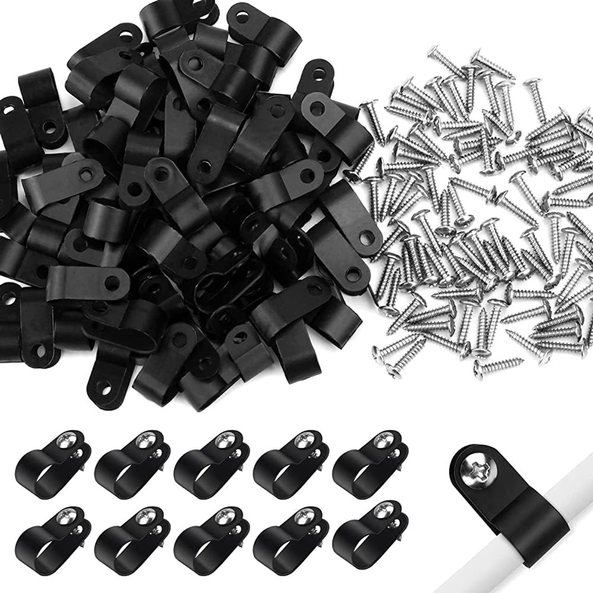 100 stuks zwarte R-kabelklemmen, 12,7 mm nylon kabelhouder, kunststof draadclips met schroeven, schroefbare kabelclip voor draad, kabels, leidingen en kabelgoot kit (1,3 cm)