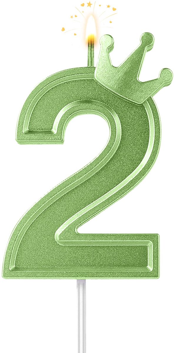 7,6cm Verjaardag Nummer Kaars, 3D Verjaardagstaart Nummer Kaarsen met Kroon Taartcijferkaarsen Nummer Kaarsen voor Verjaardag Jubileum Partijen (Groen; 2)