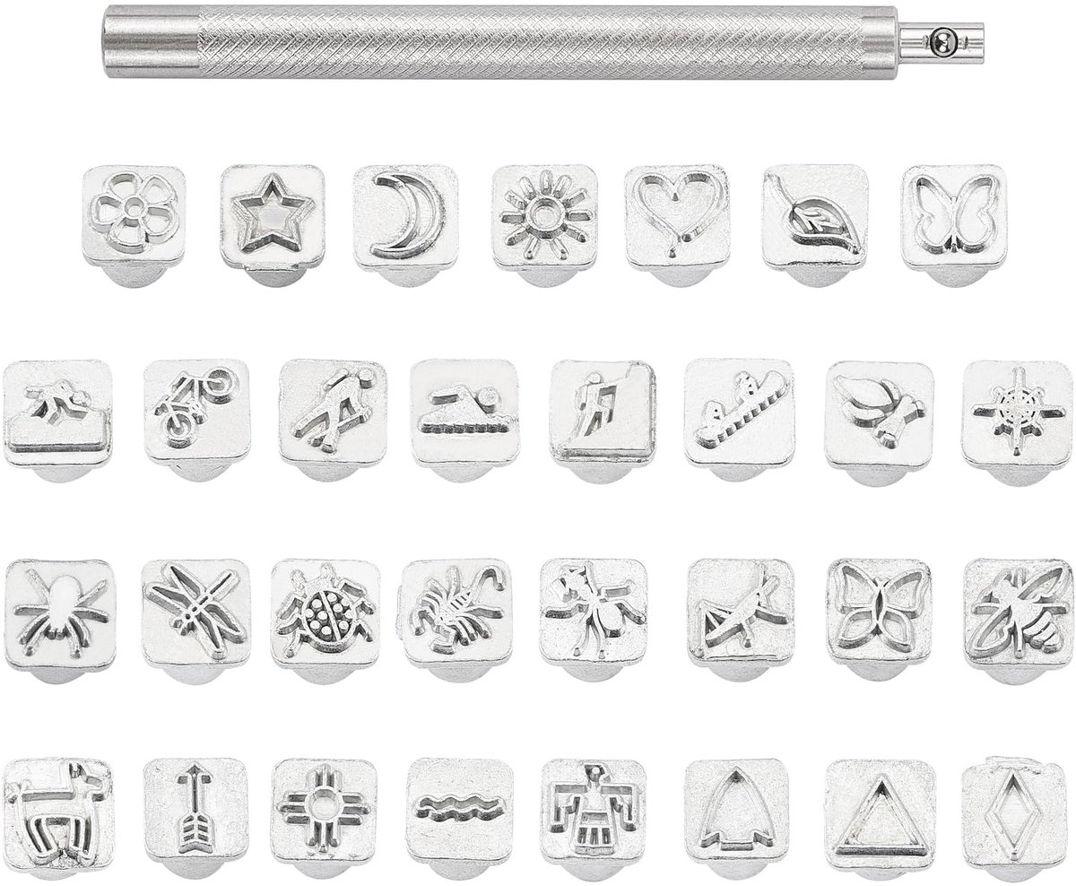 32 stuks roestvrij staal leerwerk metalen insecten thema stempels punch set gereedschap met 1 stuk handvat voor leerwerk riem tas knutselen DIY sieraden markering