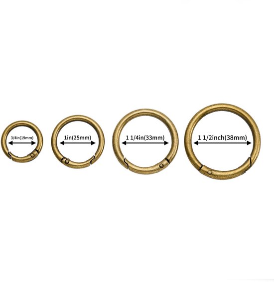 Veerringen, ronde metalen karabijnhaak voor sleutelhangers, handtassen, portefeuilles, tassen en doe-het-zelf decoraties, Geborsteld messing, 19mm — afbeelding 4