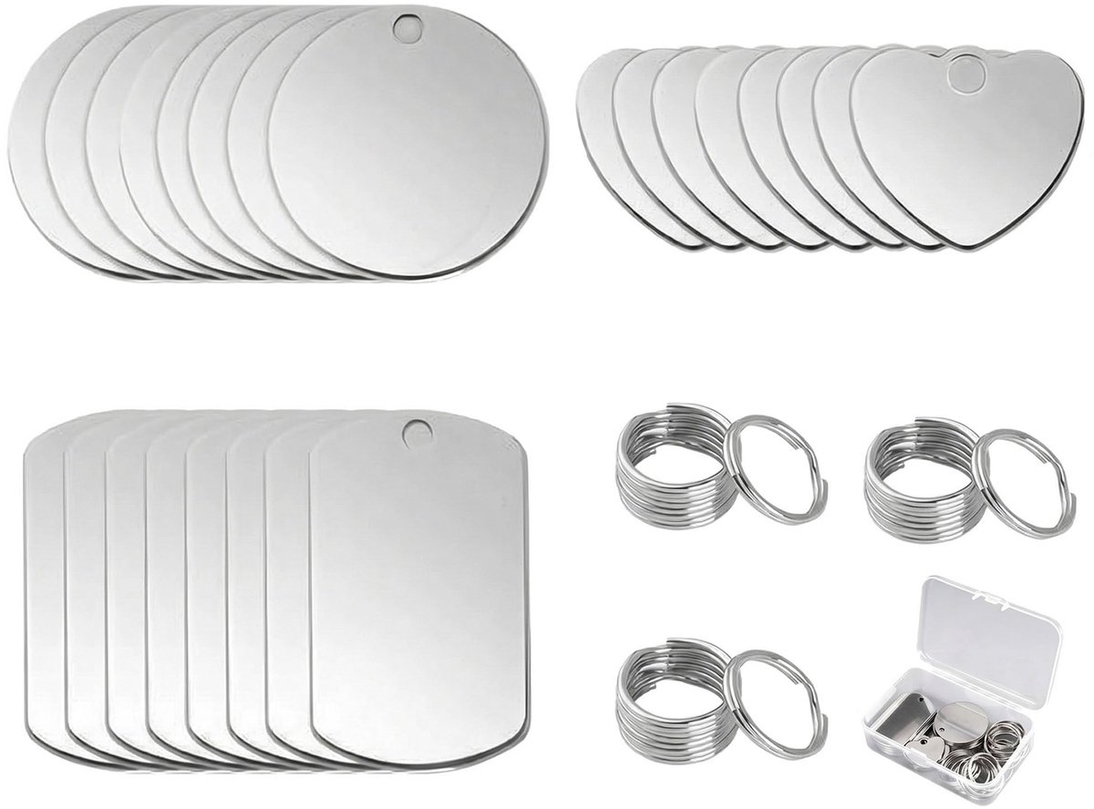 Hondenpenning met sleutelring, rond, rechthoekig, hartvorm, sleutelhanger, lege gravure, voor halskettingen, doe-het-zelf kit