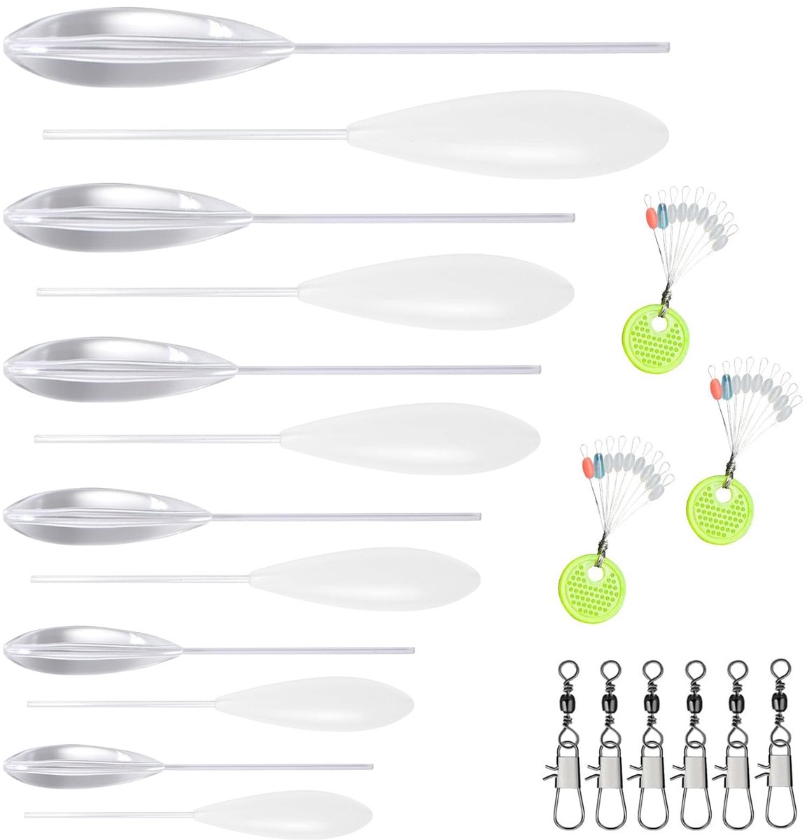 21 stuks Sbirolino Set, 6X Spirolino zinkend 6X Sbirolino drijvend (6g 8g 10g 12g 15g 20g), 6X drievoudige draaiknopen, 3X lijnstoppers vissen, Sbirolino forellenset, Spirolino forelset in