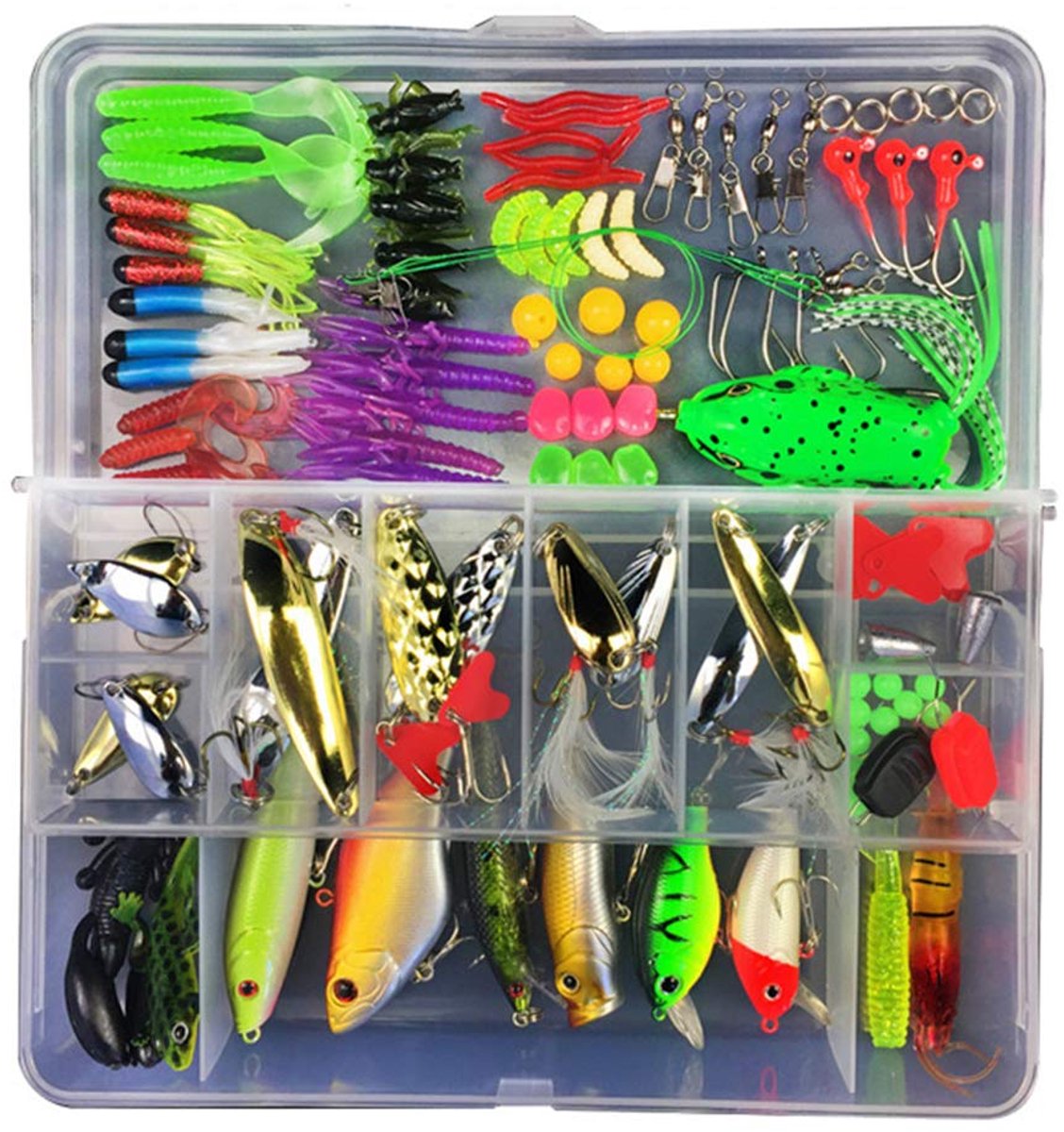 Visaas-set, 106-delige kunstaasset voor rood, baars, snoek, spinning-accessoires met wormen, hard aas, enkele haken, insecten, lepels