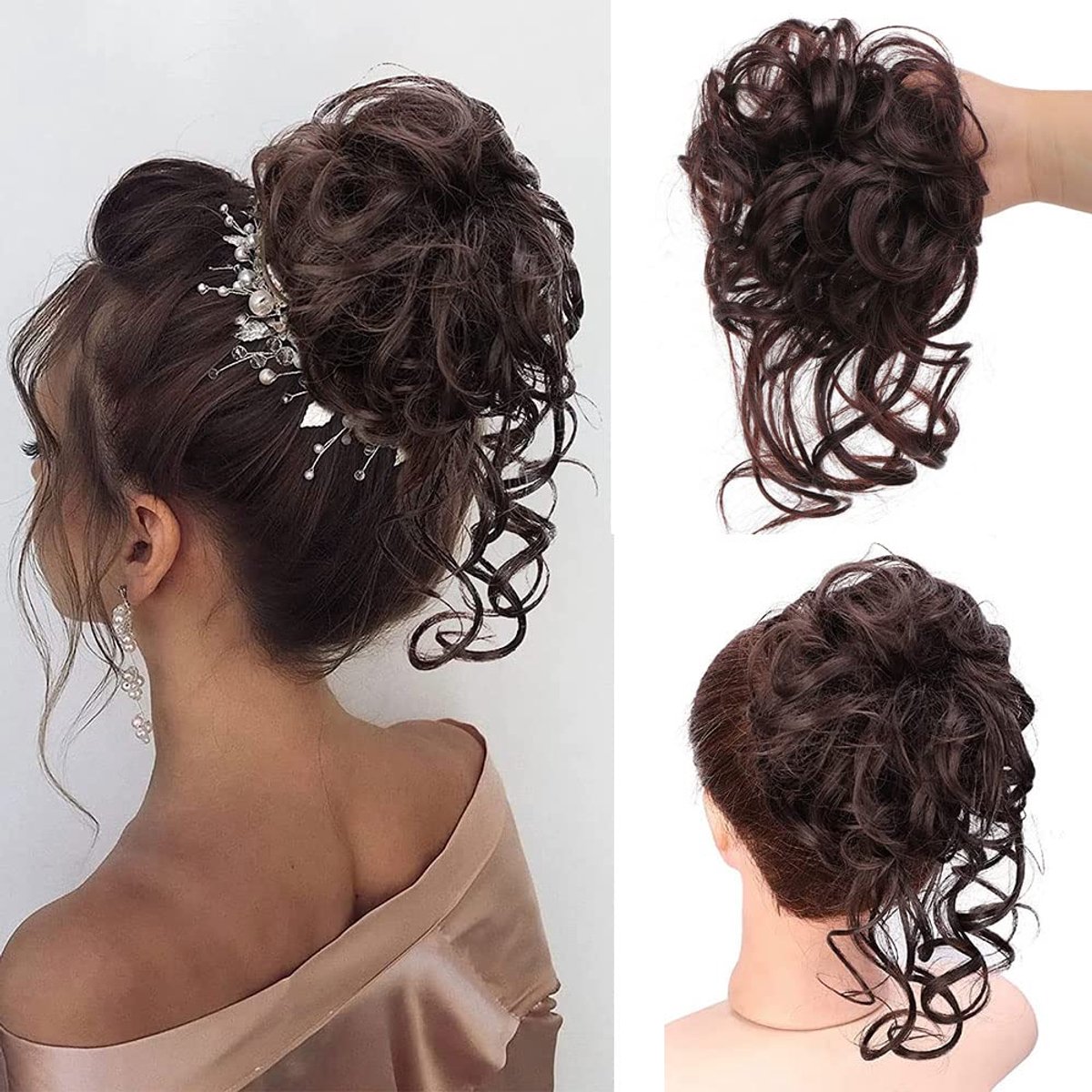 haarelastiek met haar,haarstukjes met elastiek,grote knot, paardenstaart extensions met haarelastiek,haarstukjes voor dun haar (#33 bruin)