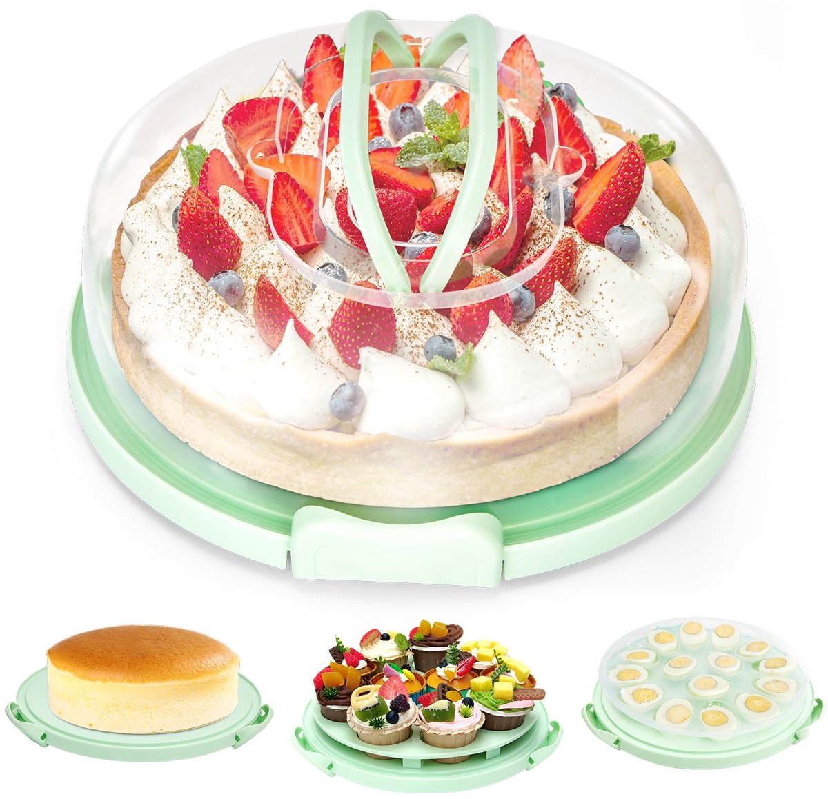 Cupcake Carrier, 4-in-1 multifunctionele taartdrager met deksel en 2 handgrepen, taartopslag tot 25 cm cheesecake, taartdoos voor cupcaketaart pizza, cadeau voor Kerstmis