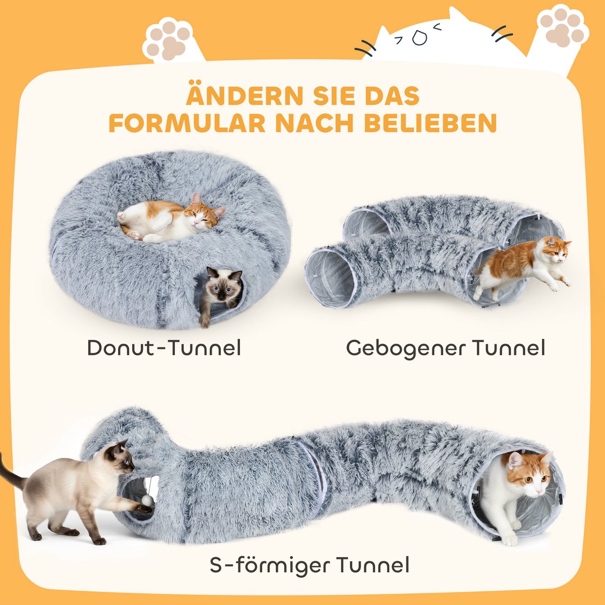 Kattentunnel, pluche stof, kussen, opvouwbaar, metalen frame, kattenhol, lichtgrijs thumbnail 6