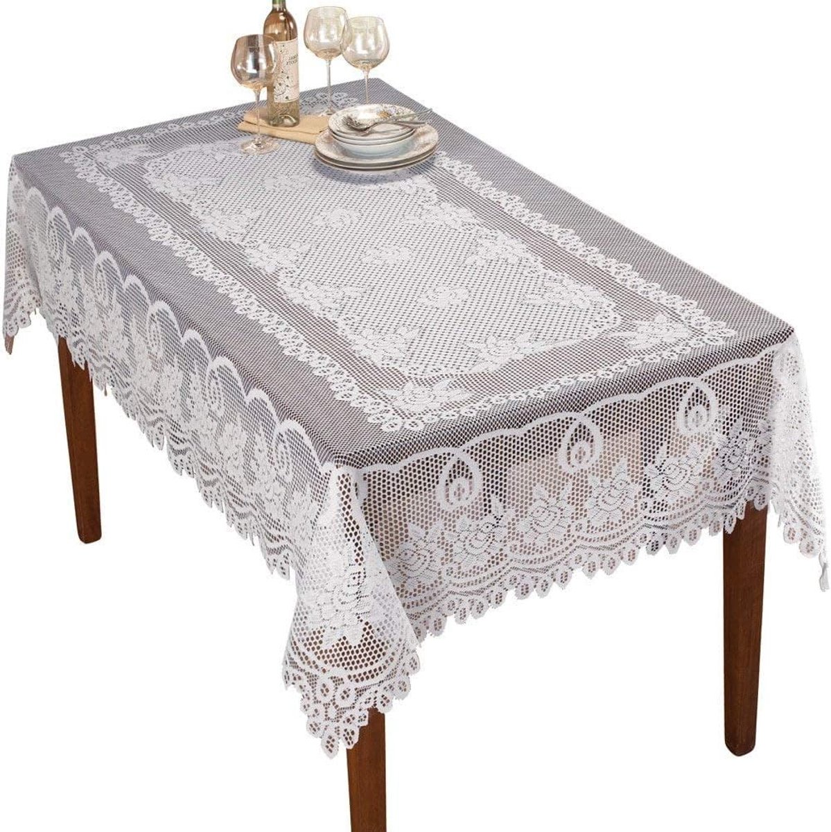 Tafelkleed, kant, bloemenpatroon, wit, polyester, 152 x 228 cm