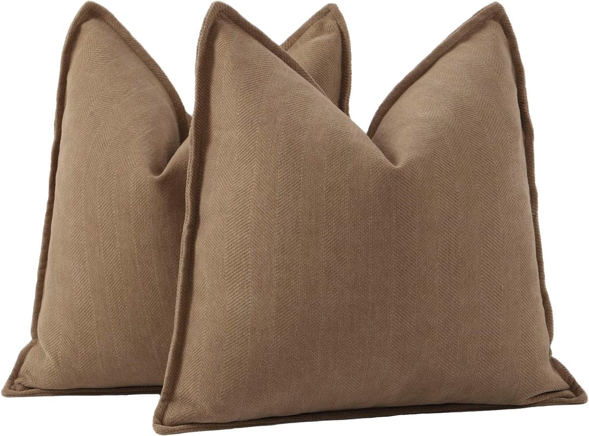 Set van 2 Geweven Chenille Franje kussenslopen Superzachte decoratief kussenhoes voor sofa slaapkamer kussensloop 45x45 cm Bruin