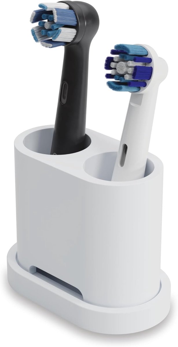 - Houder voor 2 opzetborstels en tandenborstels - Compatibel met Oral-B, iO, Philips Sonicare, Waterpik, Fairywill - Voedselveilige siliconen (Wit)