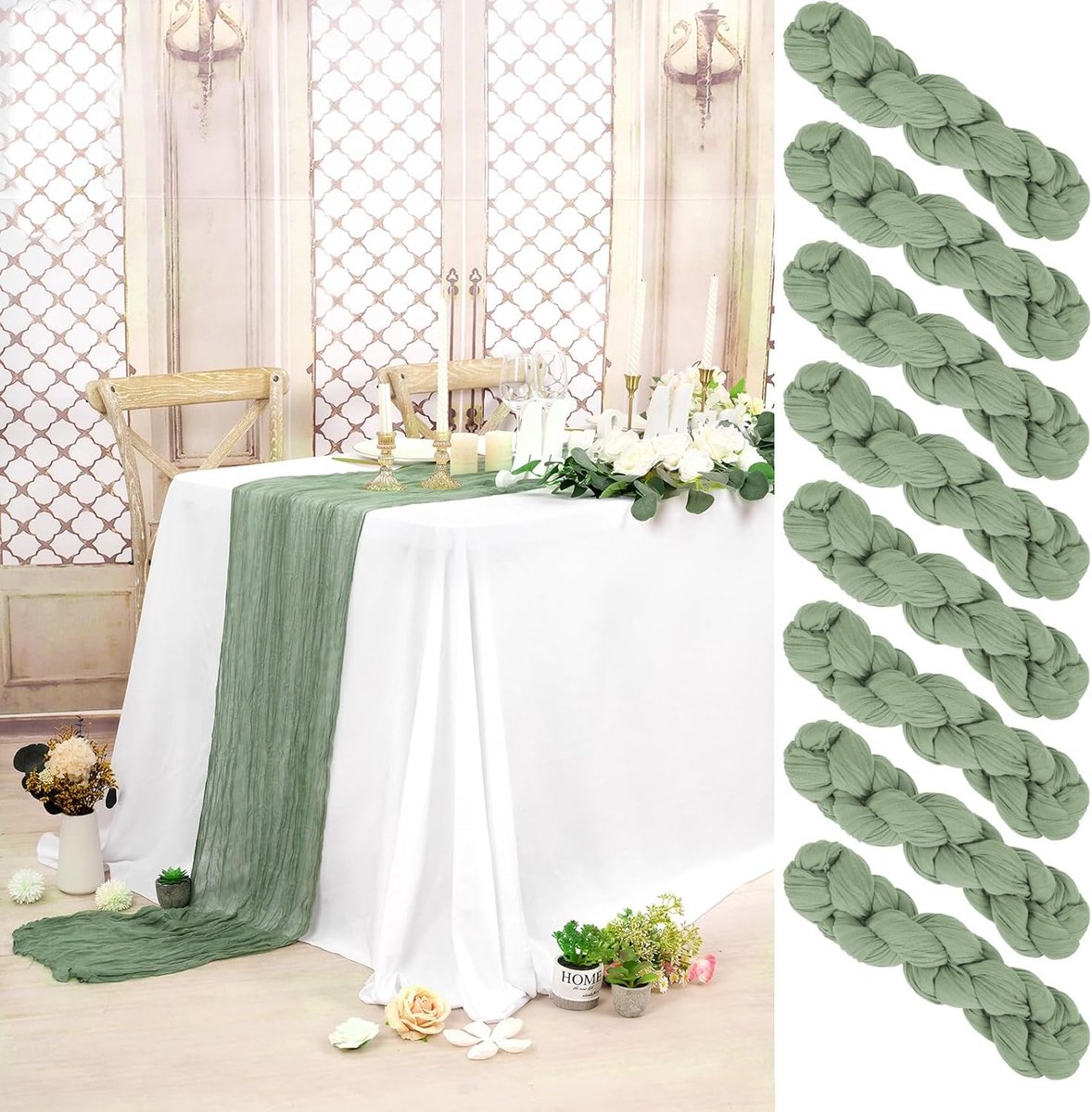 Set van 8 kaasdoek tafelloper van gaas, 3 m lang, saliegroen, rustiek gaas, boho tafellopers voor bruiloft, bruidsdouche, feest, banketdecoratie (saliegroen)