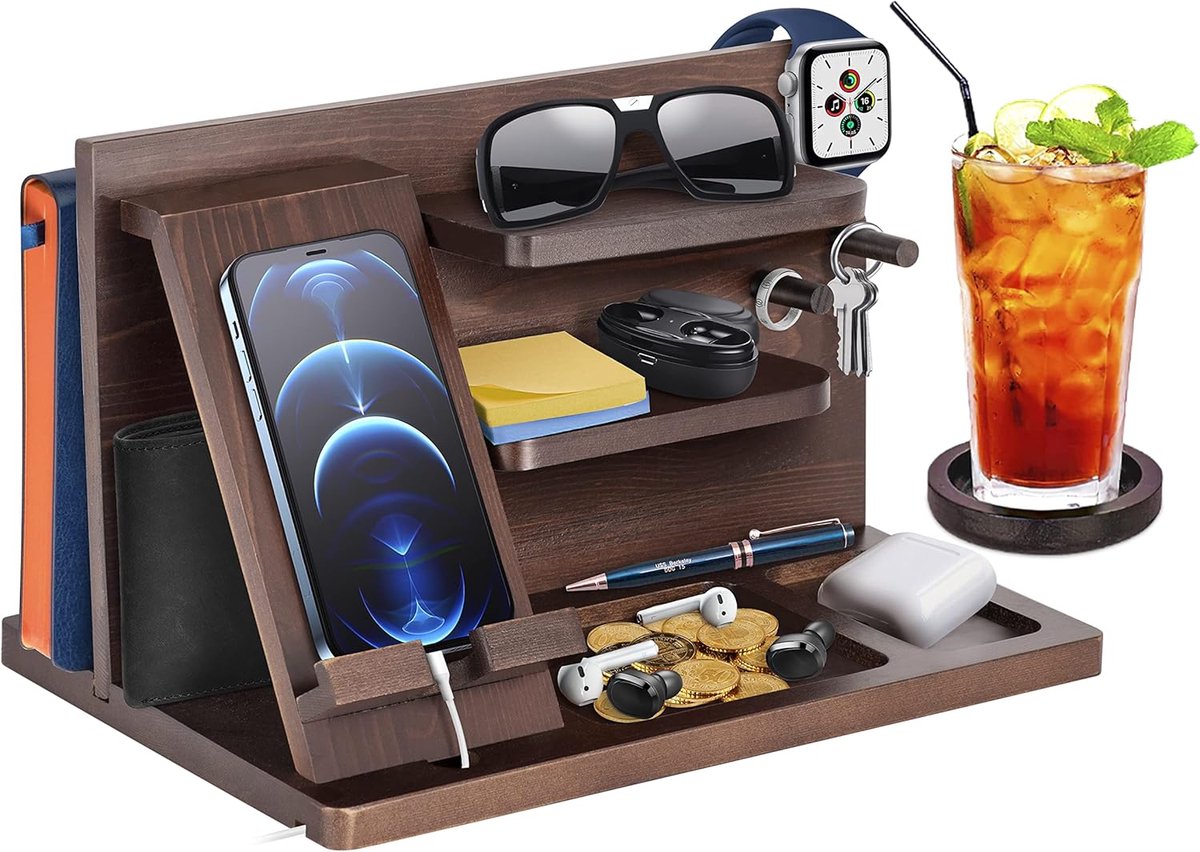 Cadeaus voor mannen Nachtkastje Organizer Kerst Verjaardagscadeaus voor Hem Papa Geschenken Hout Docking Station voor Mannen Sleutel Portemonnee Horloge Organizer Geschenken voor Papa Gadgets